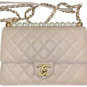 CHANEL Quilted Small Chic Pearls Flap Light Beige Leather Cross Body Bag